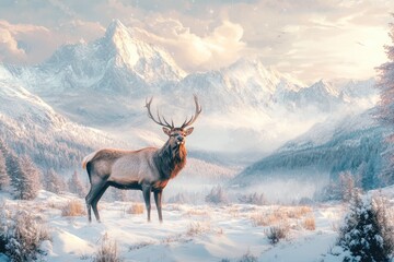 Majestic stag stands in a snowy winter landscape, majestic mountains in the background.