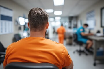 An image capturing inmates in orange jumpsuits in a healthcare environment, highlighting the intersection of correctional facilities and medical care for individuals.