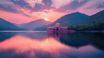 Fototapeta premium A panoramic view of Jal Mahal reflecting in the serene waters of the lake, surrounded by lush hills and a vibrant sunset.