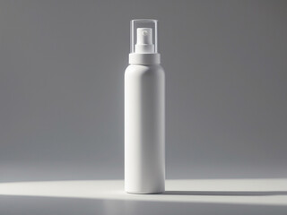 Minimalist image of a blank white spray bottle with a clear cap, placed on a neutral background with soft lighting.