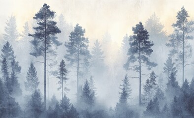 Serene Ethereal Forest Landscape Soft Watercolor Misty Trees Sunlight Tranquility High-Angle Perspective Art