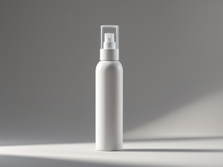 Minimalist image of a blank white spray bottle with a clear cap, placed on a neutral background with soft lighting.