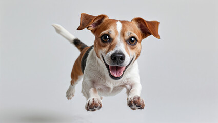 Jack Russell Terrier jumping in the air on white background. Isolate. National dog day, international pet day, national puppy day