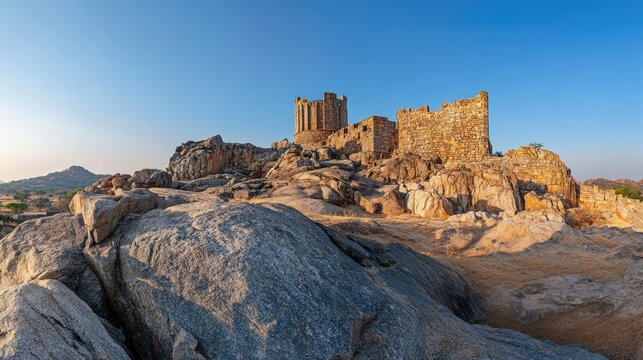 A panoramic view of the Chitradurga Fort, showcasing its majestic architecture against a clear blue sky.