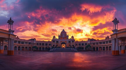 Fototapeta premium A panoramic view of Vidhana Soudha at sunset, with the sky painted in hues of orange and purple.