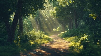 Obraz premium A peaceful forest path surrounded by tall trees, dappled sunlight filtering through the leaves and illuminating the ground.