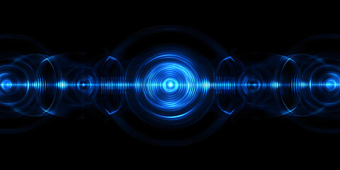 Abstract background with blue light needles and energy circles on a black background. Technological design. sound vibrations or digital vibrations