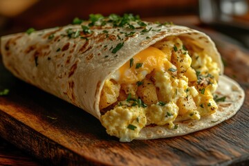 A delicious breakfast burrito filled with fluffy scrambled eggs, crispy potatoes, and melted cheddar cheese, garnished with fresh parsley.