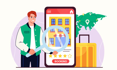 Naklejka premium Online hotel booking. Man with magnifying glass near smartphone screen with hostel. Mobile application for traveler and tourists. Holiday and vacation. Flat vector illustration