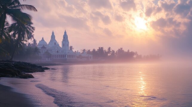 A peaceful morning scene at Velankanni, with soft mist rising over the coastal landscape and the church in the background,