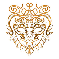 Golden venetian carnival mask exhibiting intricate floral design on transparent  background