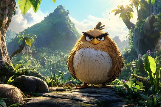 Grumpy Bird in Lush Tropical Valley, Sunlight Bursting Through Greenery