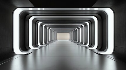 Minimalist Futuristic Tunnel Interior with High Contrast Black and White Colors