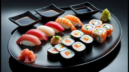 Assorted Sushi Rolls, sashimi with Soy Sauce, Wasabi, and Pickled Ginger on Black Plate