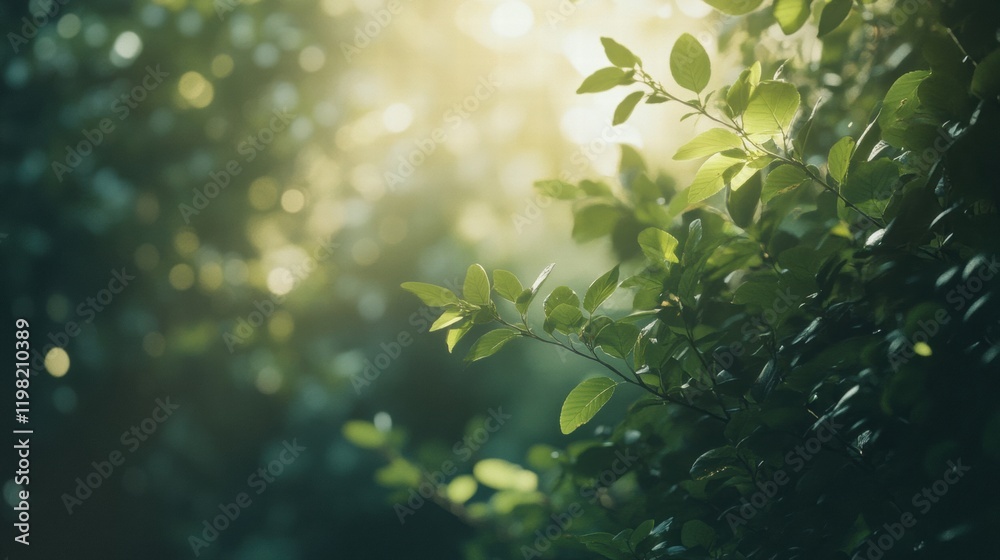 Aufkleber Serene forest with sunlight filtering through leaves creating a peaceful and tranquil atmosphere. Generative AI