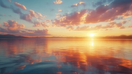Naklejka premium A peaceful sunset view over a calm lake, with reflections of colorful clouds on the water's surface.