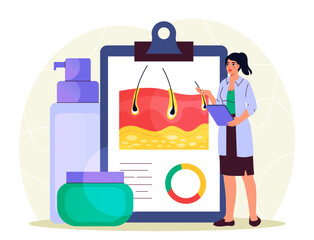 Cosmetology doctor concept. Woman near epidermis structure. Cosmetologist and dermatologist. Skincare and beauty procedures. Healthcare and medicine, treatment. Flat vector illustration