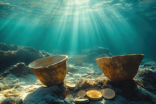 ancient coins and pottery fragments elegantly displayed underwater, capturing the mysterious allure of history and archaeology through a serene aquatic ambiance