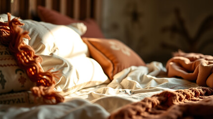 Cozy Bedroom Interior: Sunlit Bedding, Pillows, and Warm Textures