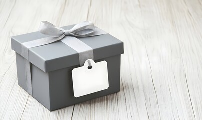 Gray gift box with silver ribbon and blank tag on wooden surface.