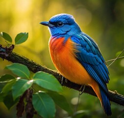 Obraz premium The bird's upper body is bright blue, while its lower body is orange. The bird is perched on a tree branch covered in moss, with a few green leaves surrounding it.