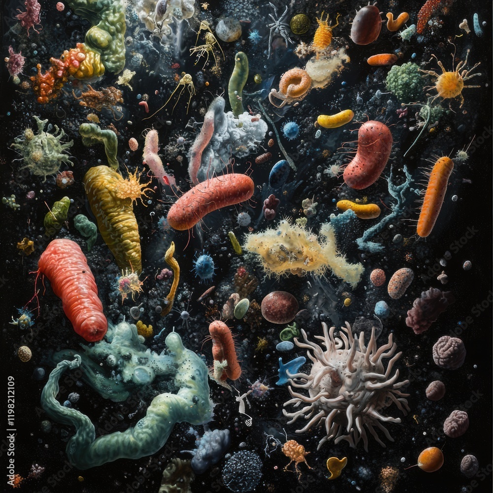 Poster Intricate array of various bacteria and microbes in a vibrant and diverse ecosystem. Generative AI