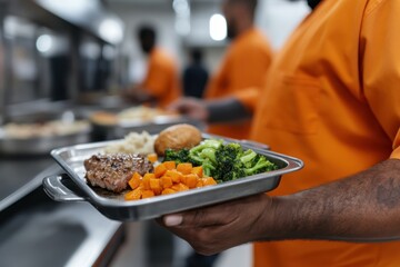 An inmate holds a tray featuring a balanced meal of steak, broccoli, carrots, and bread, symbolizing sustenance and care within a correctional facility context.