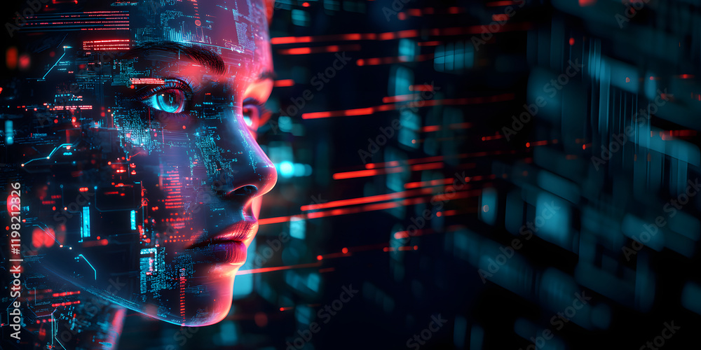 Canvas Prints image of a girl with a hologram of a digital network and connections. technological design. interact