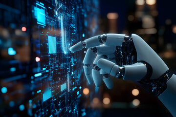 the robot interacts with the display. future concept. AI helps in work and solves problems. robotic arm