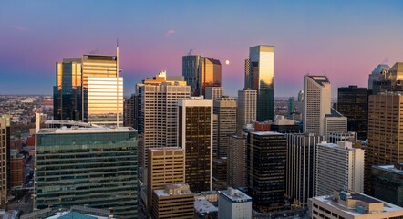 Obraz premium Calgary skyline at dawn, showcasing numerous high-rise buildings. City business district. Eau Claire, Calgary, Alberta, Canada