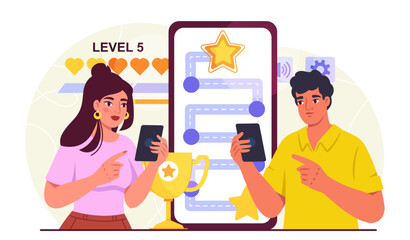 People play games. Man and woman near smartphone with map and inscription level 1. Fun and entertainment. eSports, cybersport, tournament and competitions. Flat vector illustration