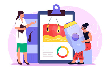 Hair removal method. Woman with razor and doctor near skin structure. Beauty procedures and hair removal, depilation. Laser and cream, cosmetics products. Flat vector illustration