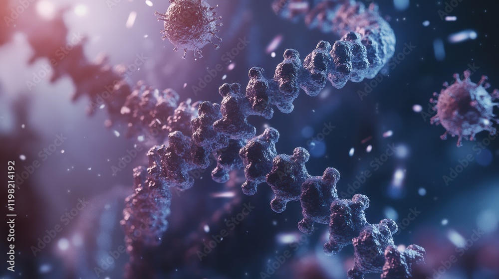Leinwandbilder close up view of an rna molecule surrounded by various viruses in a microscopic environment. generat