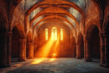 ancient stone hearth glowing with warm firelight, gothic arched monastery interior, atmospheric shadows, medieval ambiance