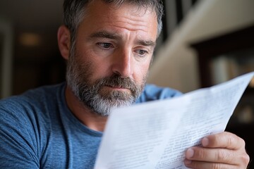 Naklejka premium A man with a thick beard intently reads a document, surrounded by a cozy interior, reflecting a moment of contemplation in a warm and inviting environment.