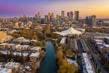 Calgary skyline at dawn, snow-covered buildings, and the ElBow River. Urban landscape. Calgary,...