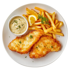 Delicious Fish Fillets with Crispy Fries, Lemon Slice, and Tartar Sauce, Transparent Background, Ai generated images