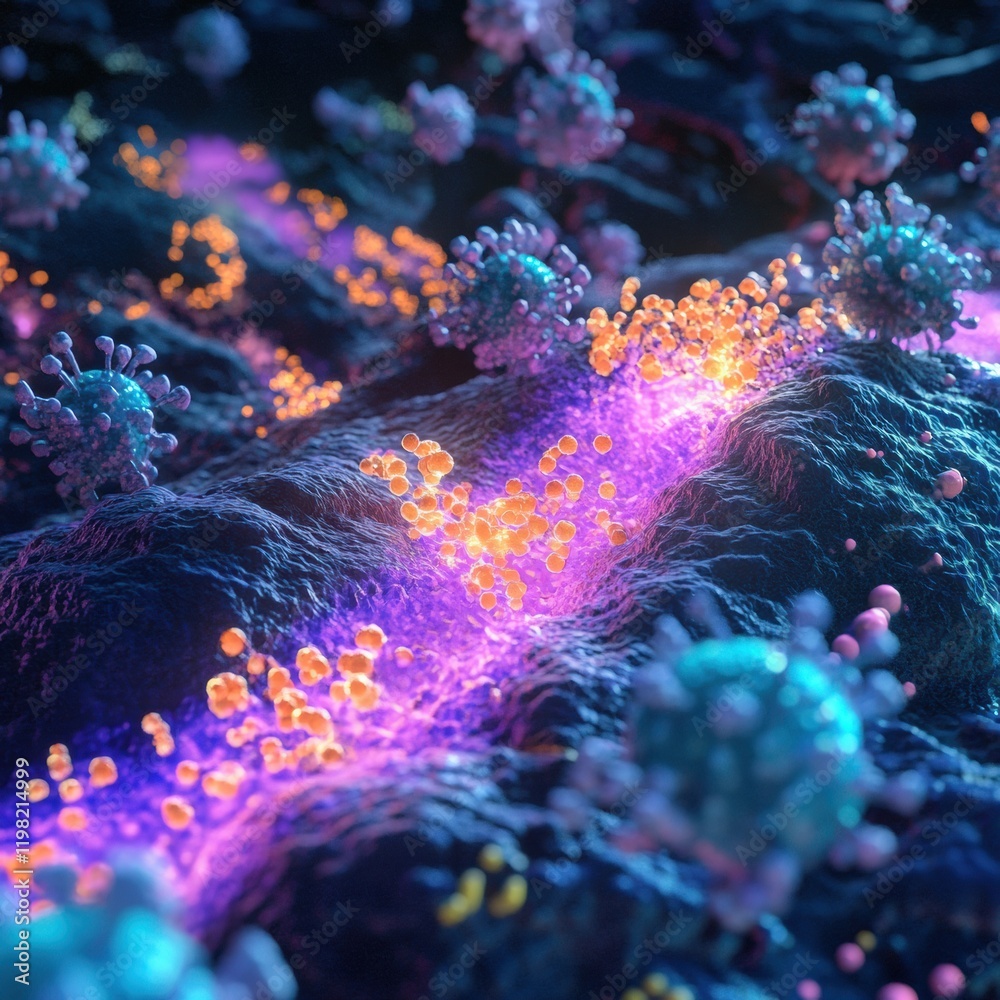 Leinwandbilder Close up view of molecular interactions between microbes showcasing complex networks in vibrant colors. Generative AI