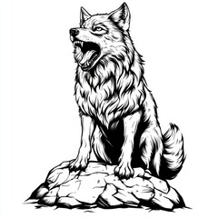 Obraz premium Majestic Howling Wolf: A Black and White Ink Drawing of a Wolf Sitting on a Rock