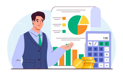 Manage money concept. Man near gold coins, calculator, graphs and diagrams. Financial literacy, assessment of expenses and income. Accounting and budgeting. Flat vector illustration