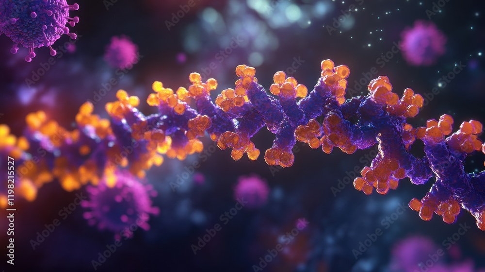 Aufkleber Close up of a molecular RNA chain surrounded by viruses showcasing intricate details of viral interactions. Generative AI