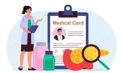 Naklejka premium Doctor with medical card. Woman in medical uniform with magnifying glass examines liver. Healthcare and medicine. Diagnosis and treatment. Bottles with pills. Flat vector illustration