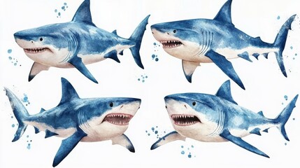 Fototapeta premium Watercolor illustration of a group of sharks on a white background