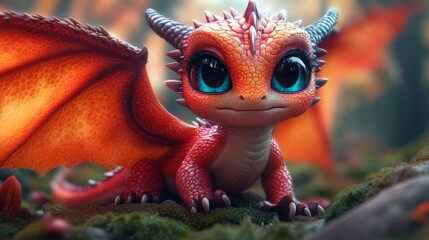 Fantasy scene with cute red dragon on green moss. 3d illustration