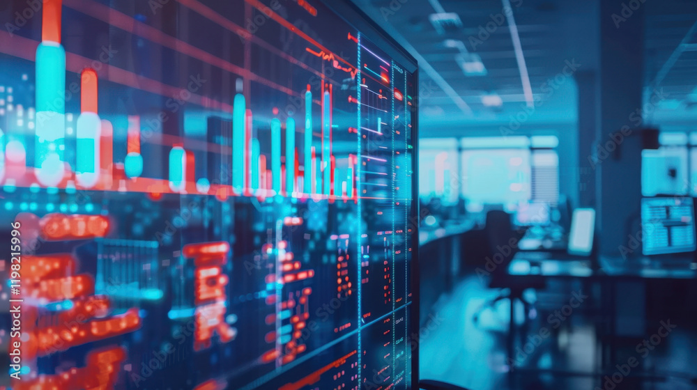 Poster digital data visualization on screen in modern office environment, showcasing graphs and charts in v