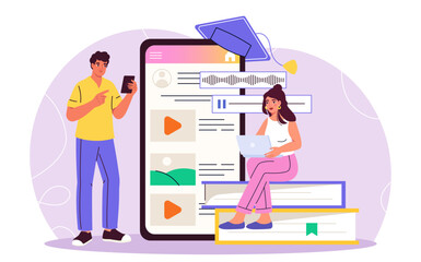 Students watch online lesson. Man and woman near smartphone and stack of books. Remote education, learning and training. Lecture and lesson on Internet. Flat vector illustration