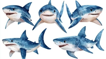 Obraz premium Watercolor illustration of a group of sharks on a white background