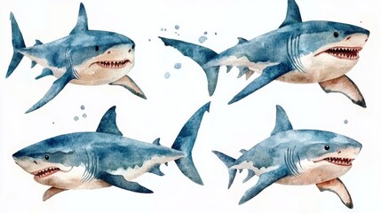 Fototapeta premium Watercolor illustration of a group of sharks on a white background