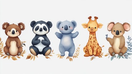 Fototapeta premium Cute animal border with koala, giraffe, koala and panda