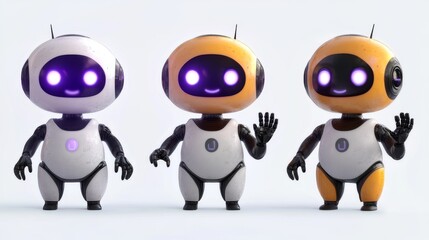 3d rendering of a group of robots isolated on a white background